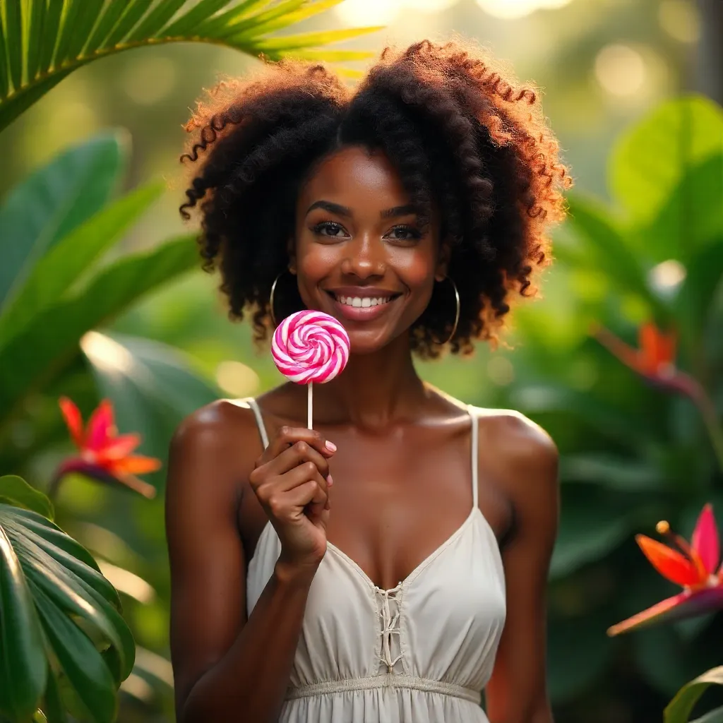 Afro-Textured Hair Woman with Lollipop in Tropical Garden