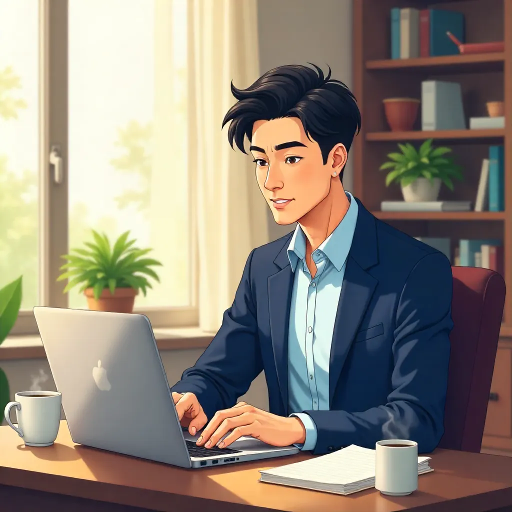 Professional Asian Man Anime Style at Home Office