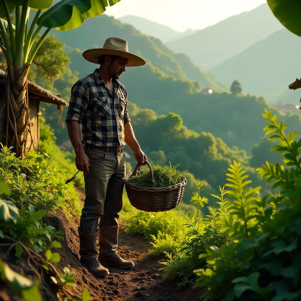 Farmer Harvesting Sierra Plants Near Xicotepec
