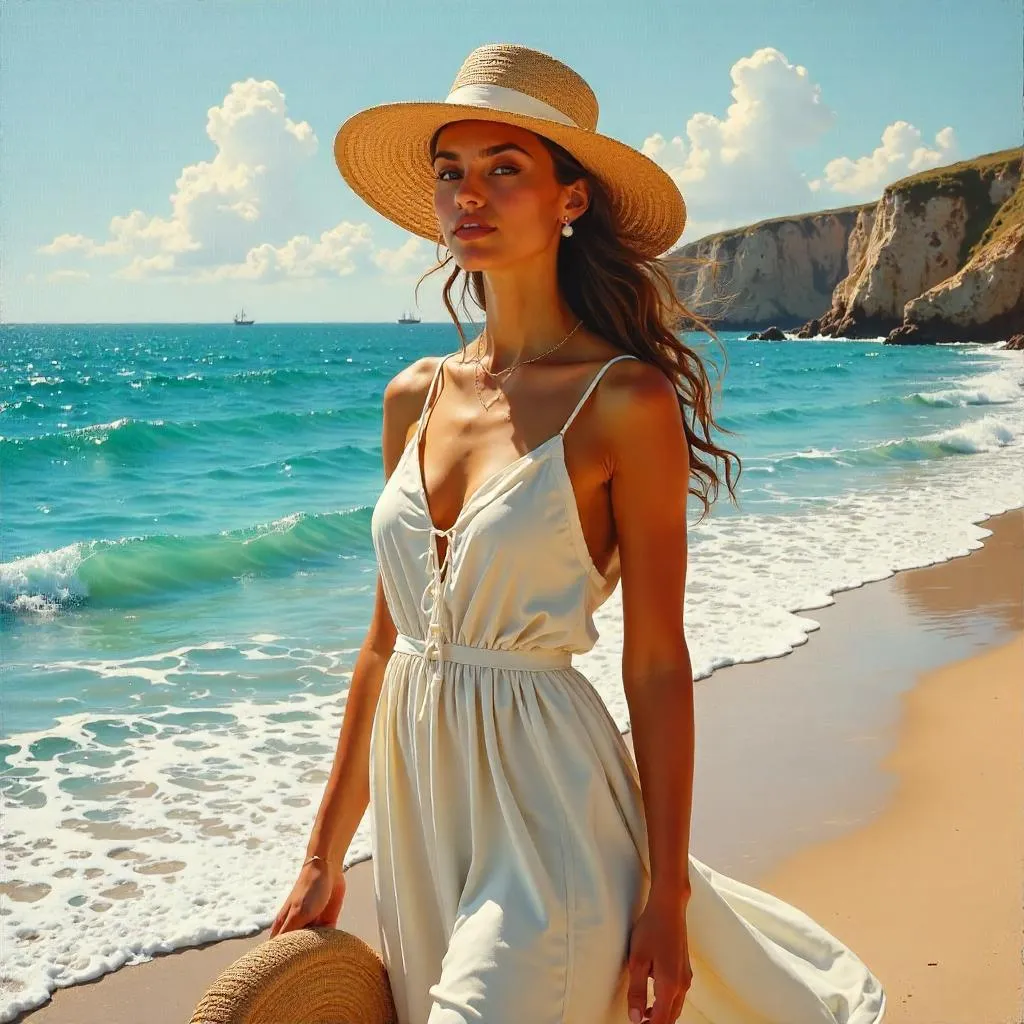Stylish White Woman by the Ocean in Oil