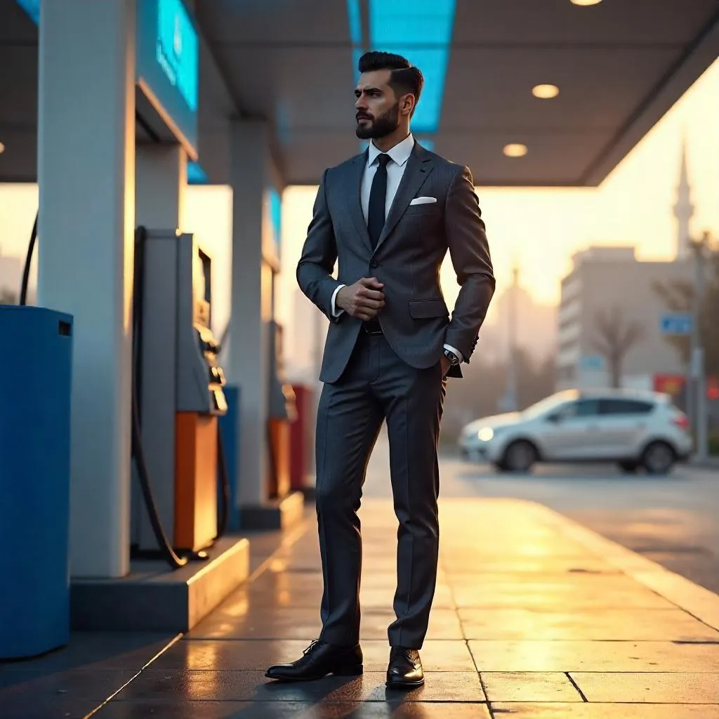 Elegant Latino Gentleman at a Gas Station (3D Render)