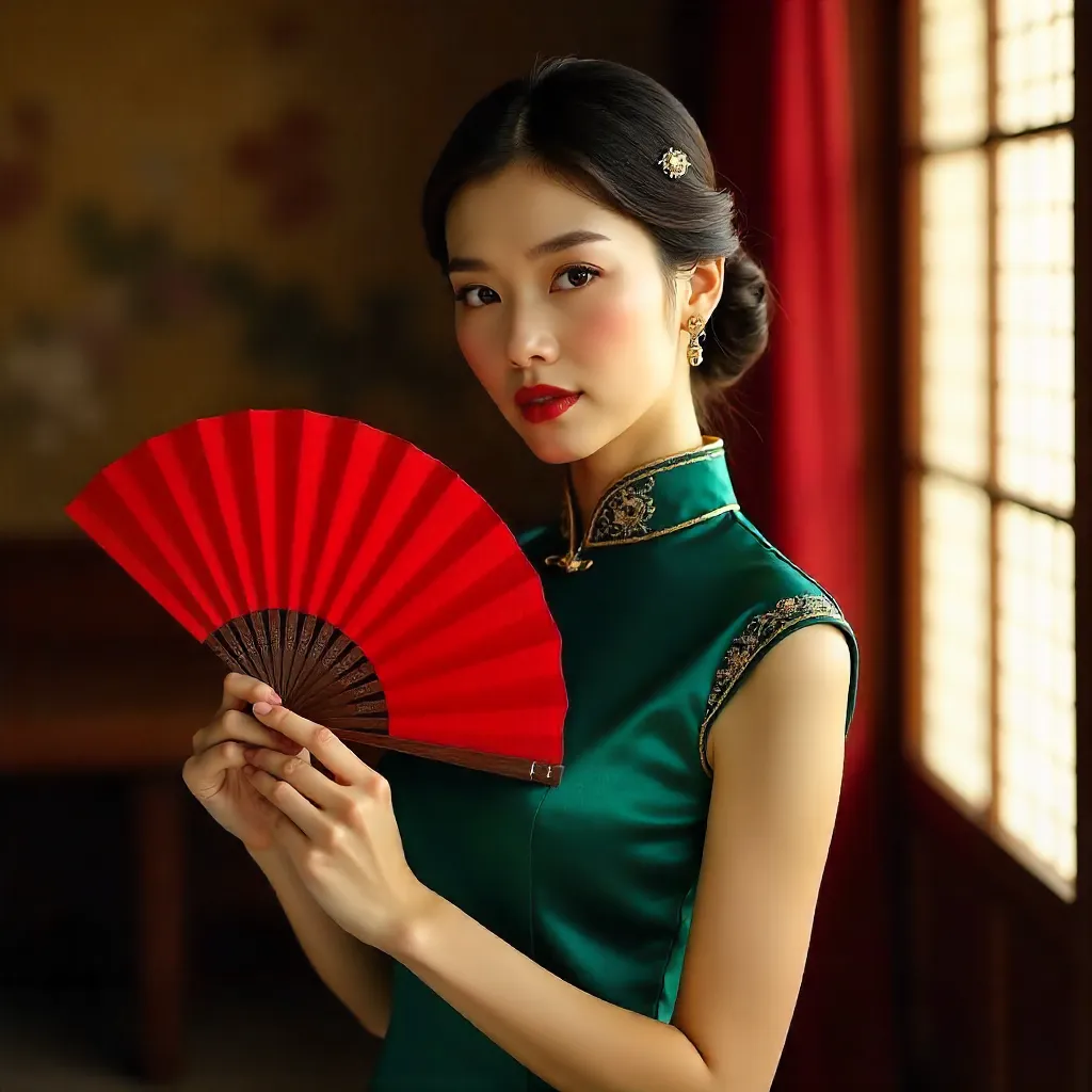 Red Fan, Elegant Asian Fashion Portrait