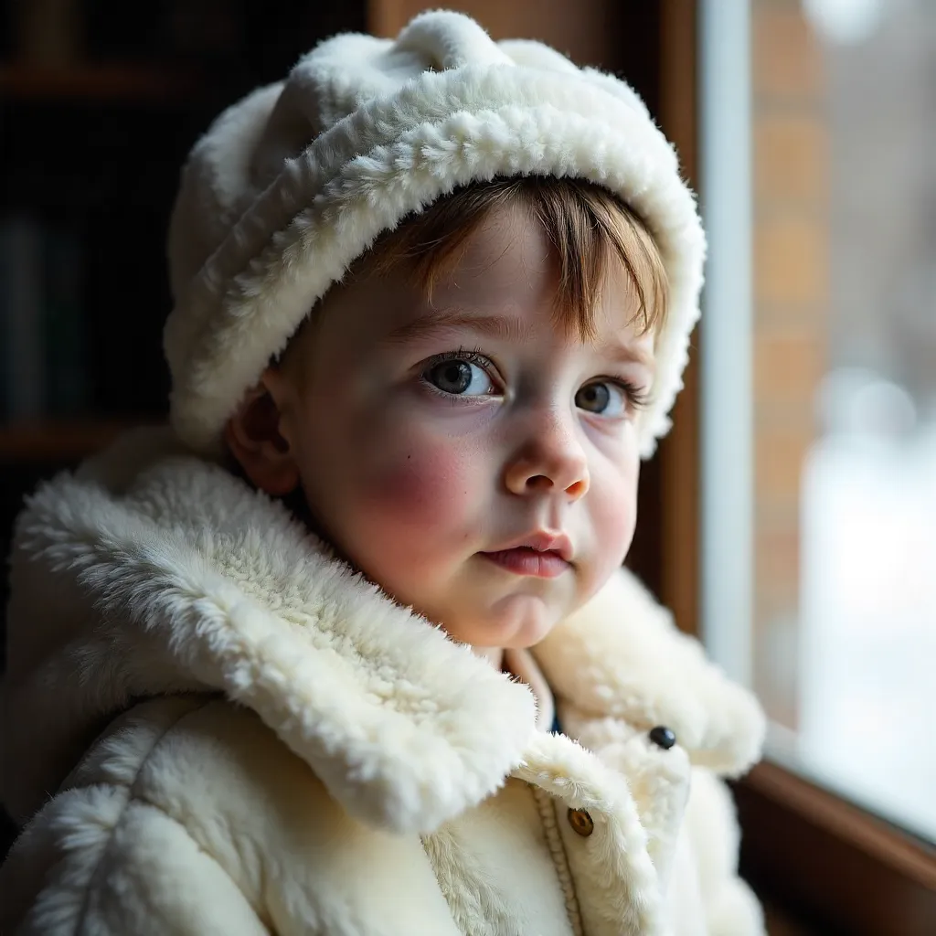 Winter Portrait: Young Boy in White Cap and Fur Coat