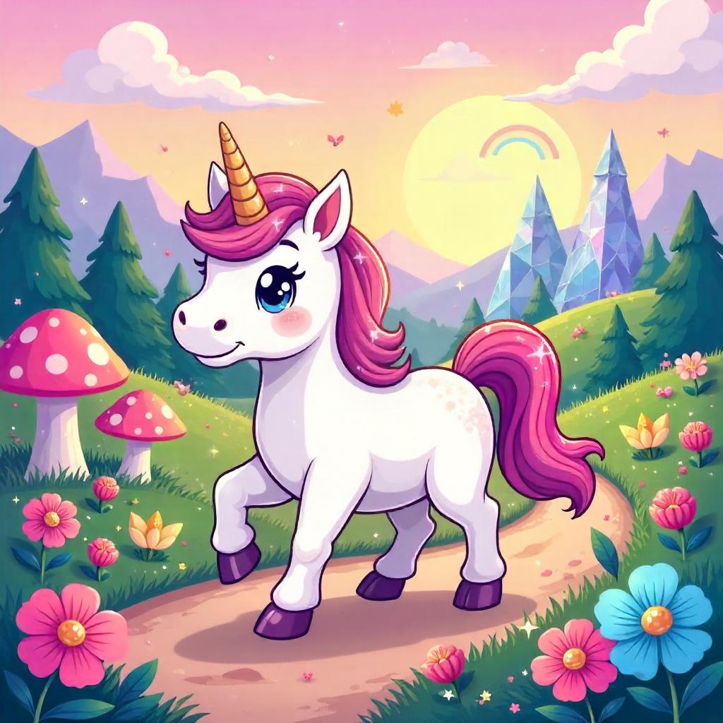 Whimsical Cartoon Unicorn in Fairy Wonderland