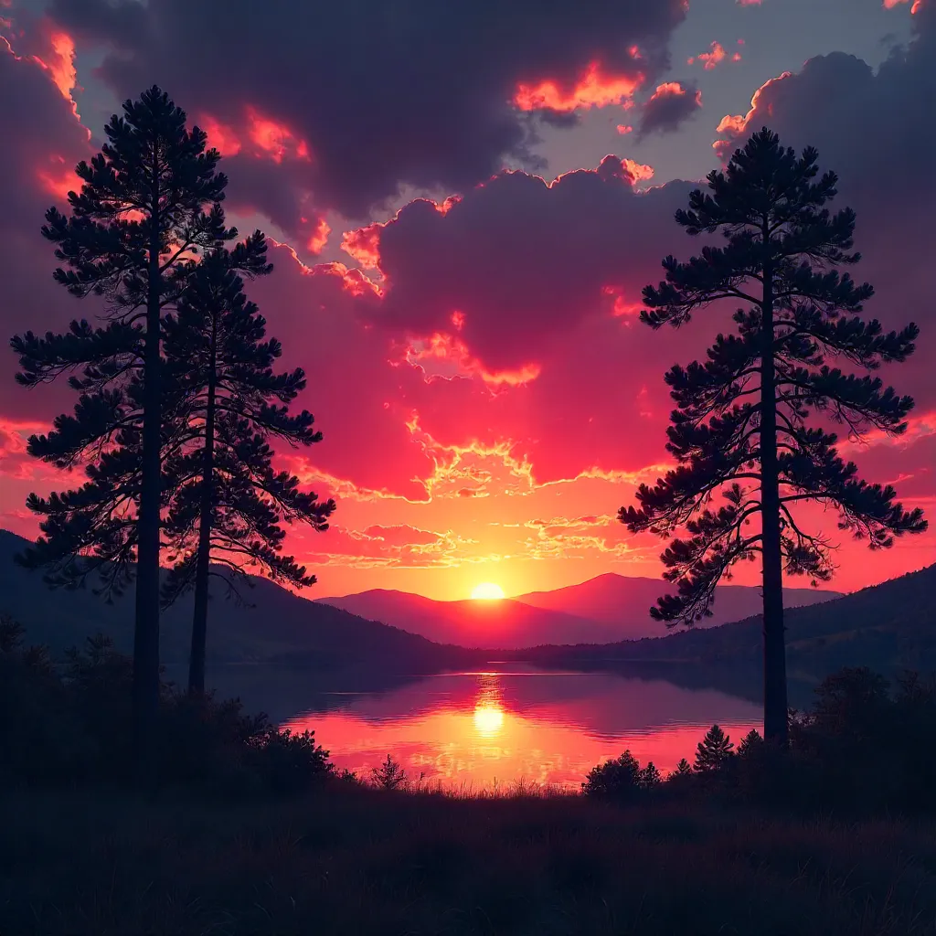 Silhouetted Trees Under a Dramatic Sunset Sky
