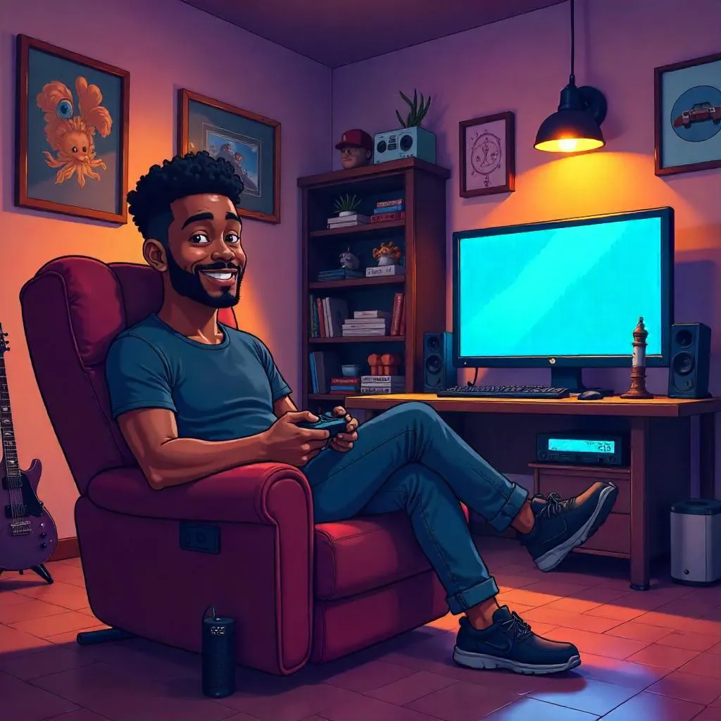 Cartoon Man Cave: Handsome Black Man At Play