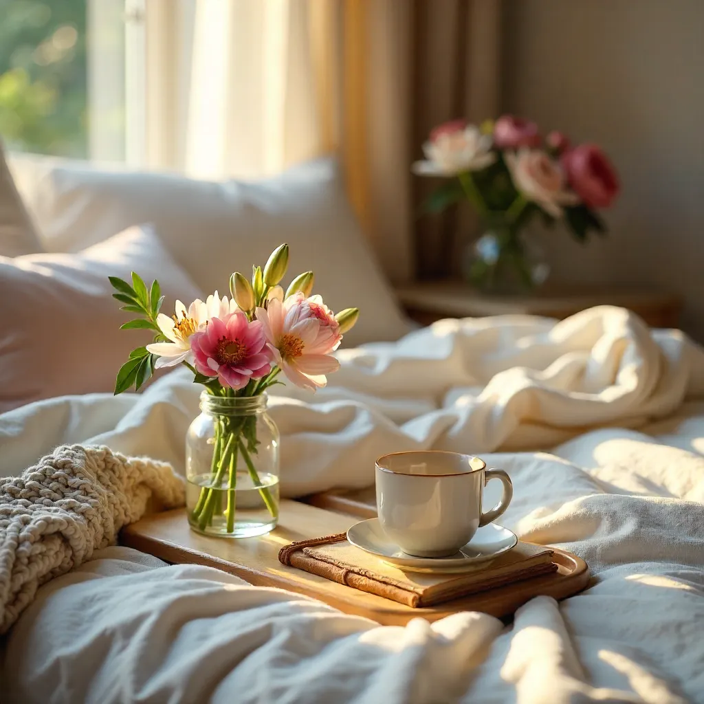 Morning Serenity: Books, Flowers, and Tea on a Cozy Bed
