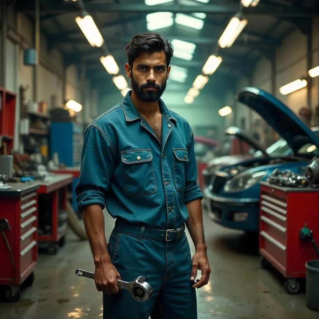 Young Indian Mechanic in Neon Auto Shop