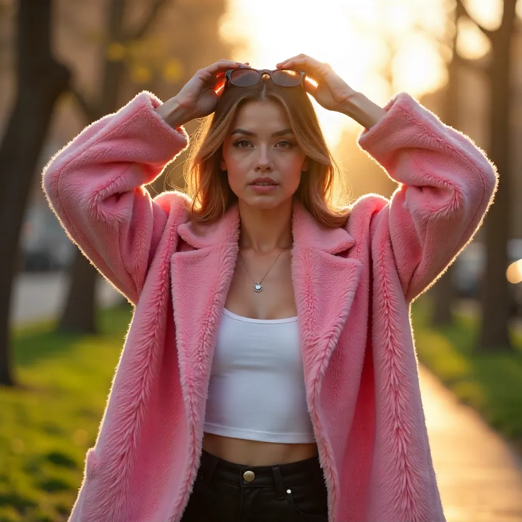 Confident Fashionista in a Fluffy Pink Coat Outdoors
