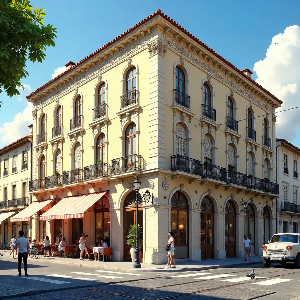 Ornate European Corner Building in Sunny Street