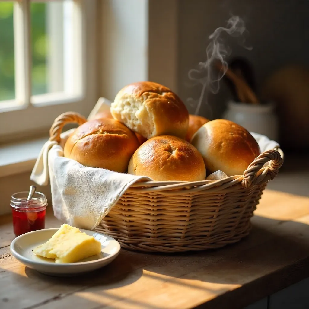 Golden Homemade Bread Rolls in a Wicker Basket