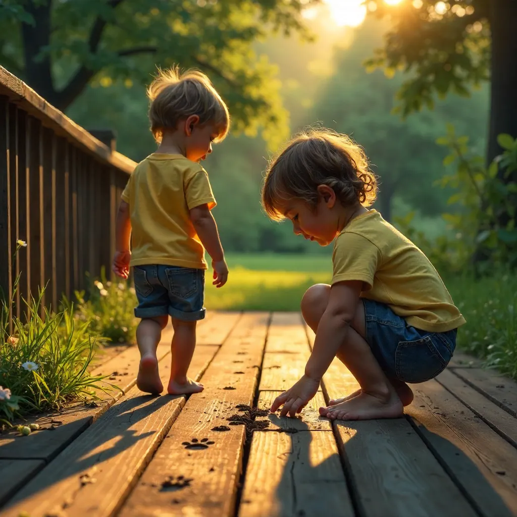 A Child on a Wooden Deck Finds Paw Prints