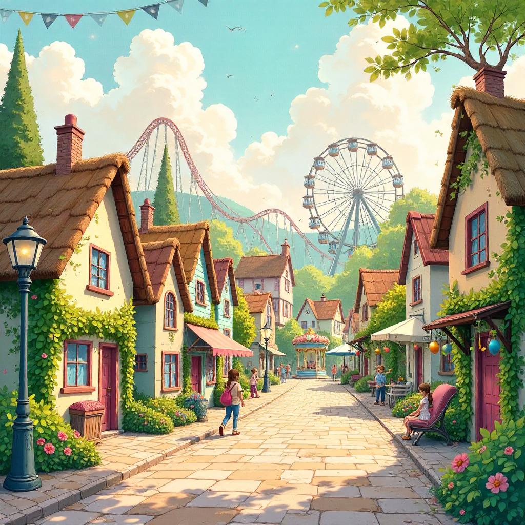 Watercolor Village Inside a Whimsical Amusement Park