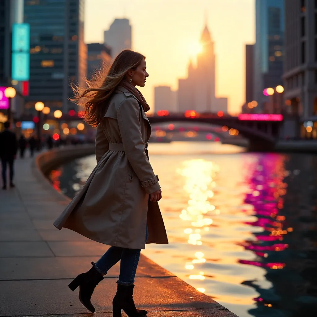 Stylish River Stroll with Neon City Backdrop