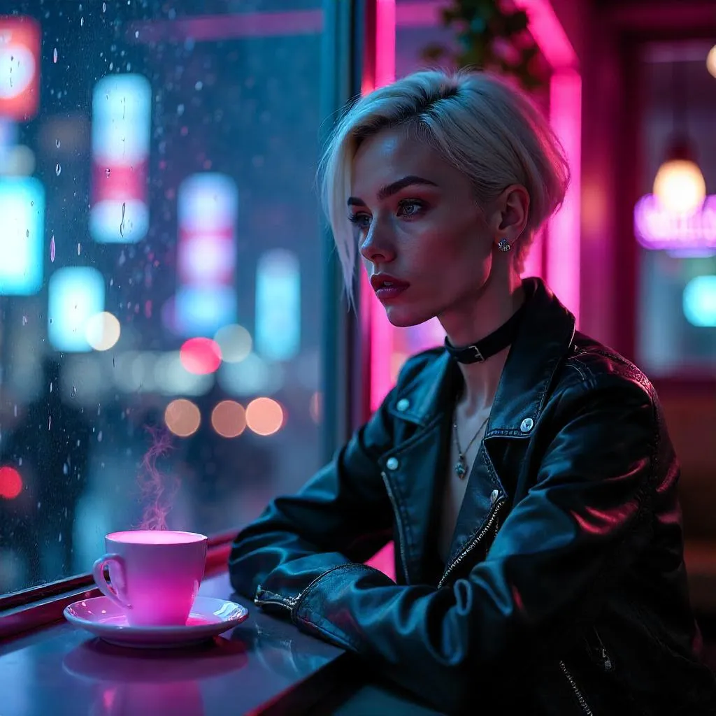 Cyberpunk Café Muse in Neon Rain