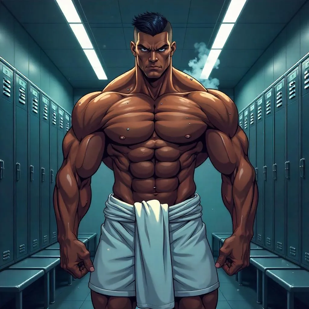 Anime-Style Strong Black Man in Locker Room