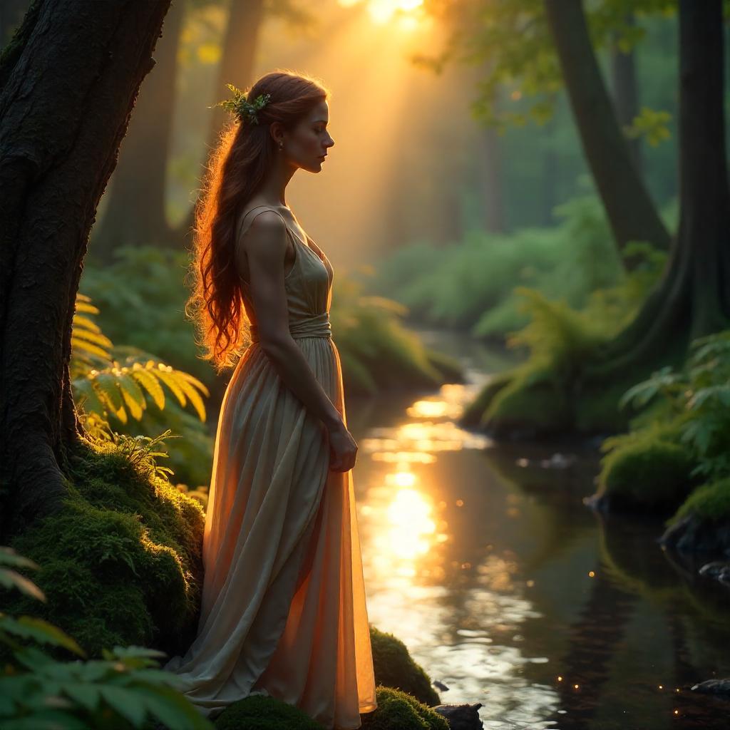 Sunset Cloaked Photorealistic Nymph in Forest