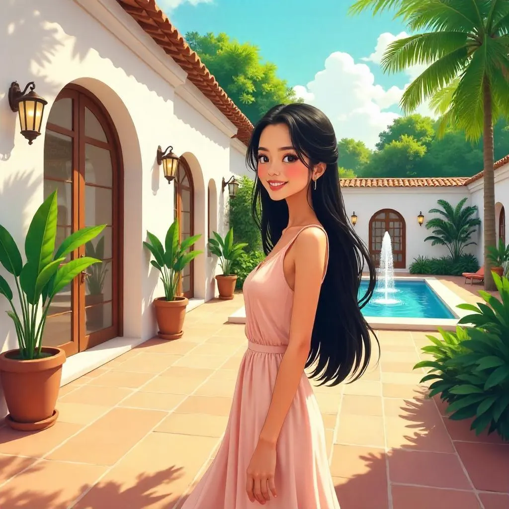 Cartoon Asian Woman in a Sunny Villa