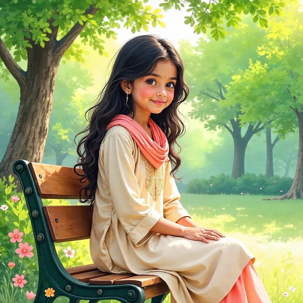Watercolor Portrait: Indian Girl in a Park