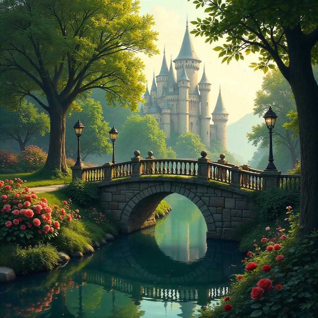 Stone Bridge in Castle Garden at Dawn