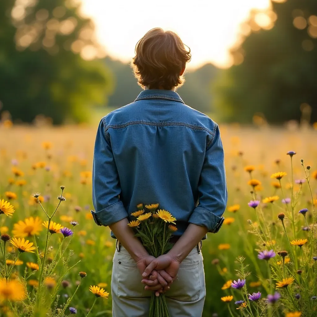 Sunlit Meadow Moment: Man with Wildflowers Behind His Back