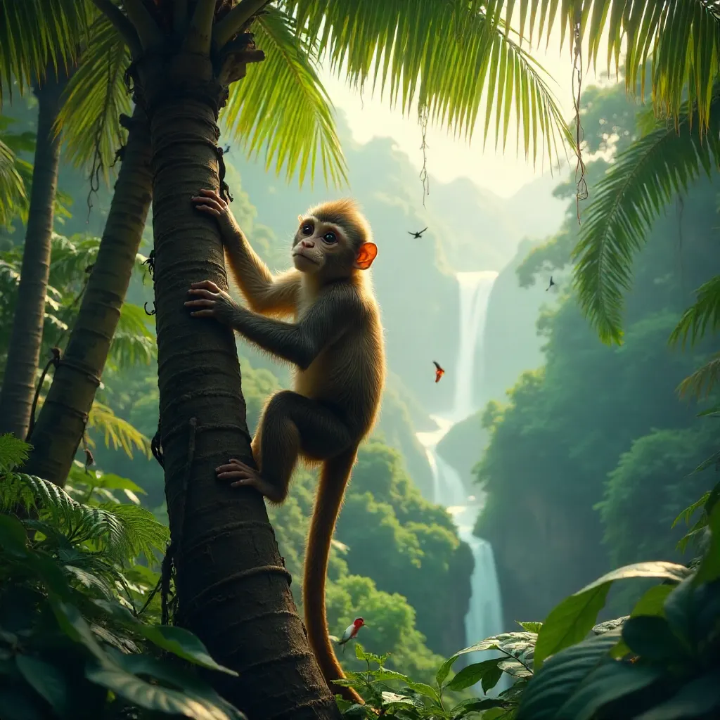 Monkey Climbing Palm in Lush Brazilian Jungle
