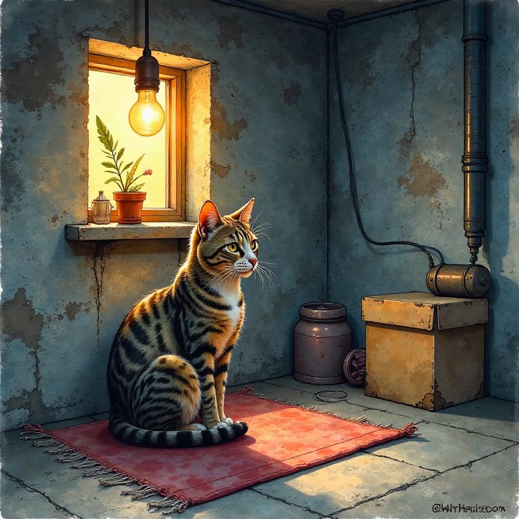 Watercolor Cat in a Dim Basement