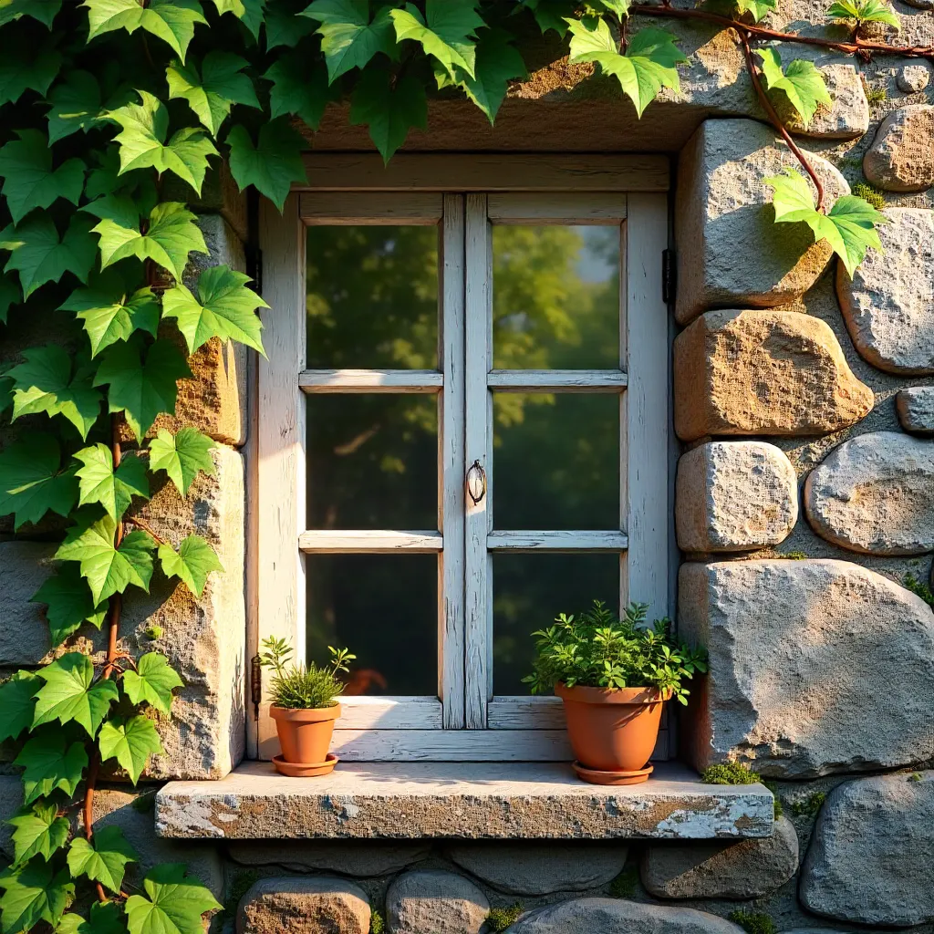 Ivy-Framed Rustic Window in Stone Wall