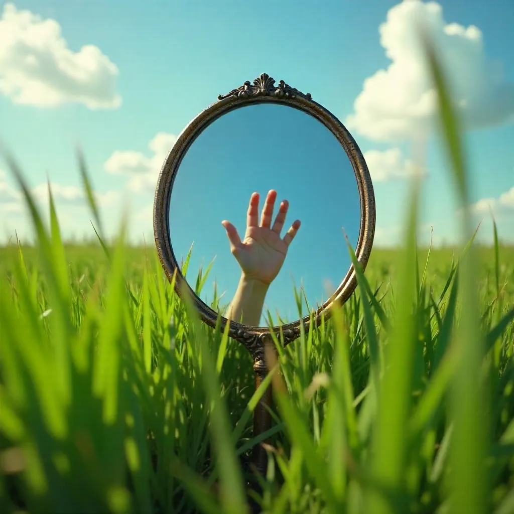 Mirror Hand Reaching Through Grass Under a Clear Sky