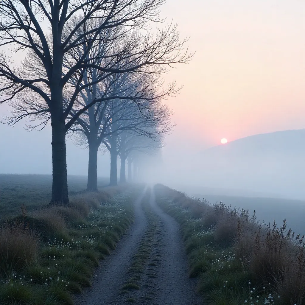 Pastel Foggy Morning Path Through Bare Trees