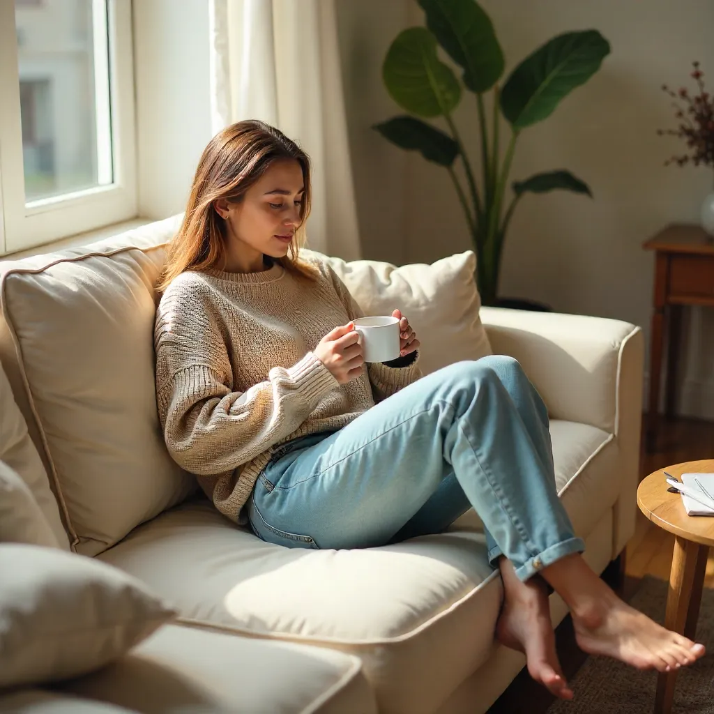 Cozy Moment: Woman Lounging on a Sofa