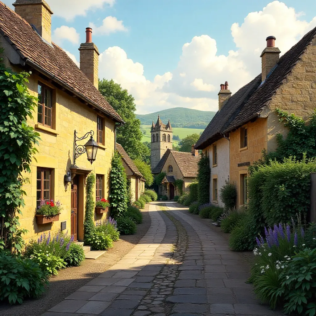 Quaint Cotswolds Village Street at Golden Hour