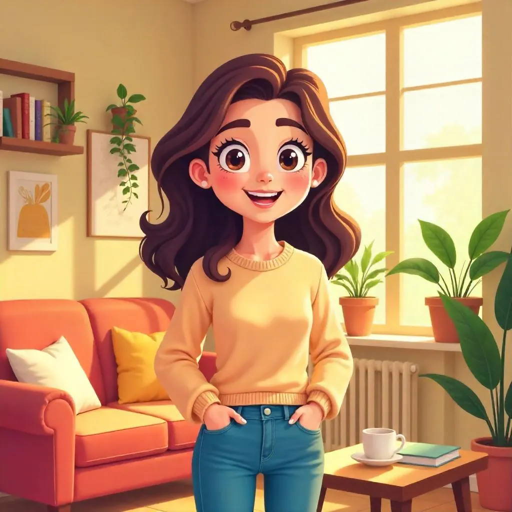 Cheerful Caucasian Woman in a Cozy Cartoon Apartment