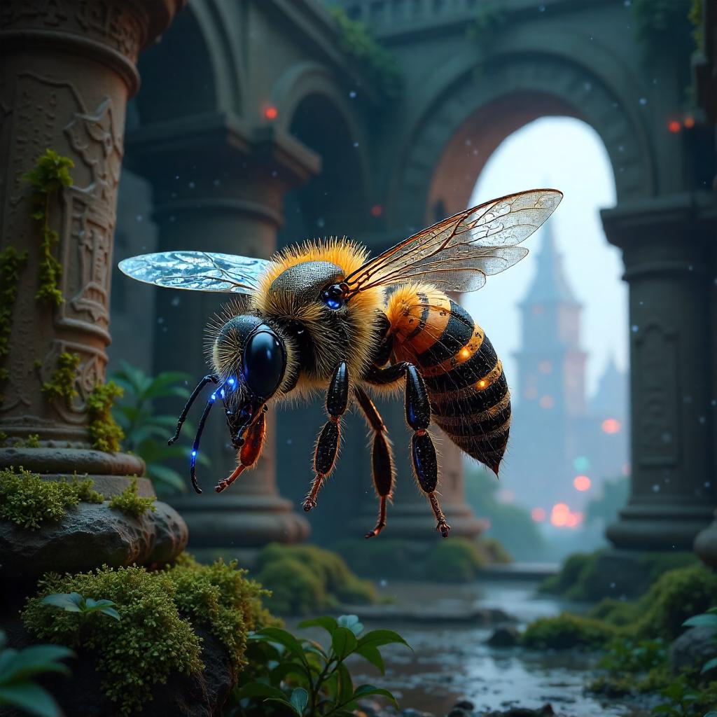 Bee in Neon Ruins: A Cyberpunk Temple Encounter