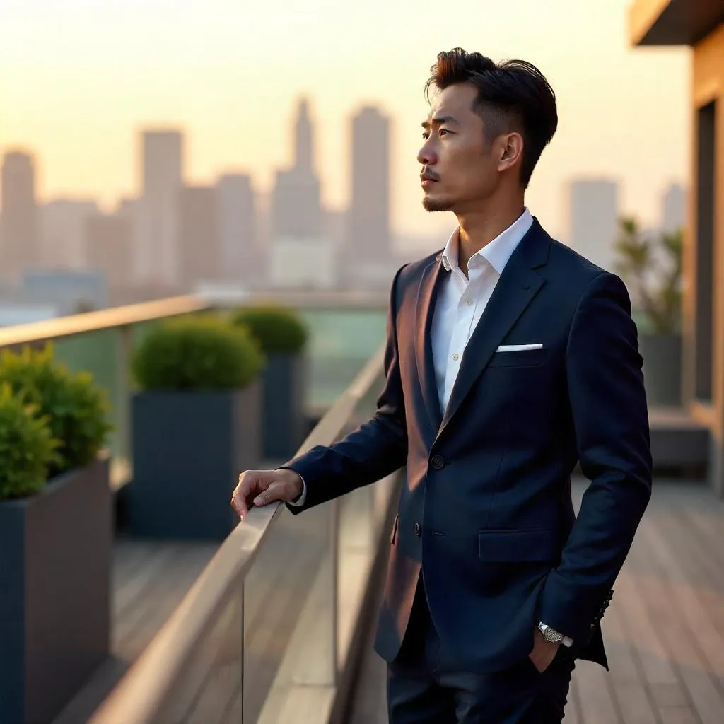 Elegant Asian Man on a Rooftop Terrace