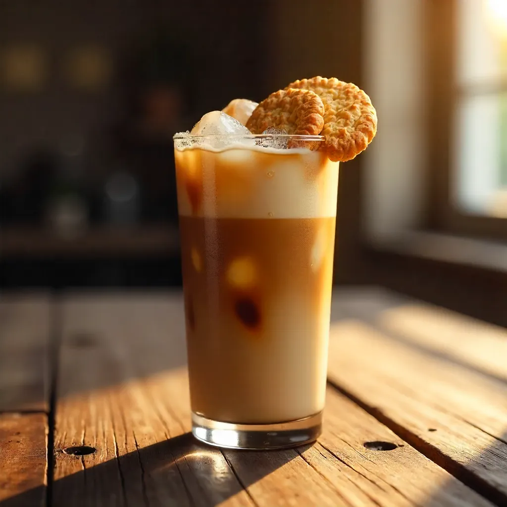 Iced coffee with crunchy biscuits on rustic table