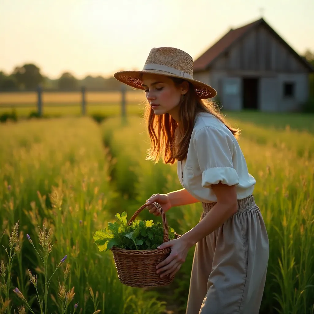 Golden Hour Harvest: Woman in a Straw Hat