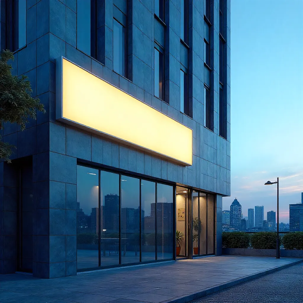Brightly Lit Blue Tile Hotel Sign, Modern Facade