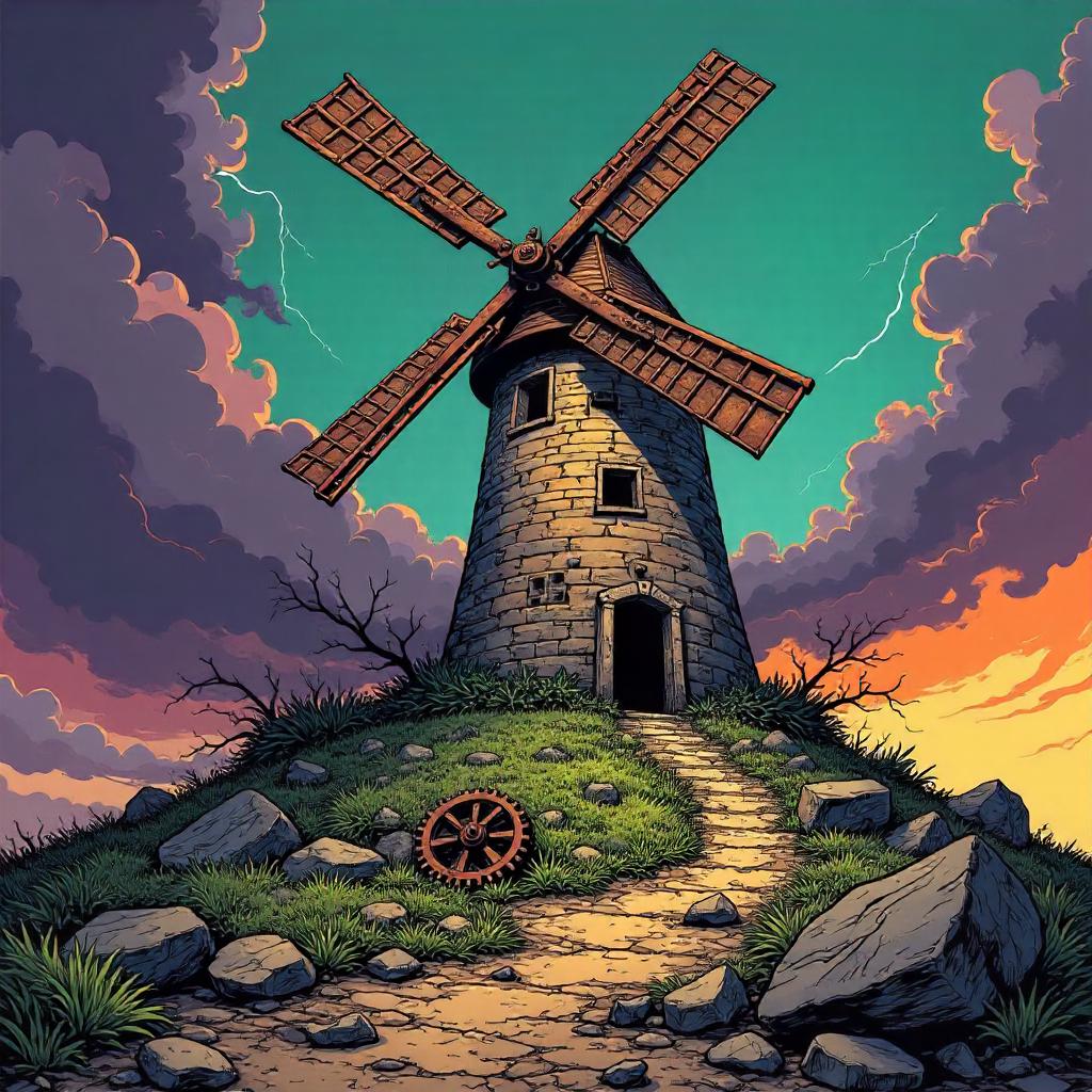 Epic Ruined Windmill in Bold Comic Style