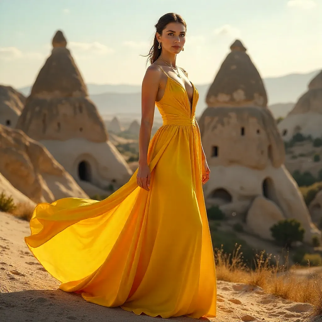 Bold Yellow Dress Among Cappadocian Giants