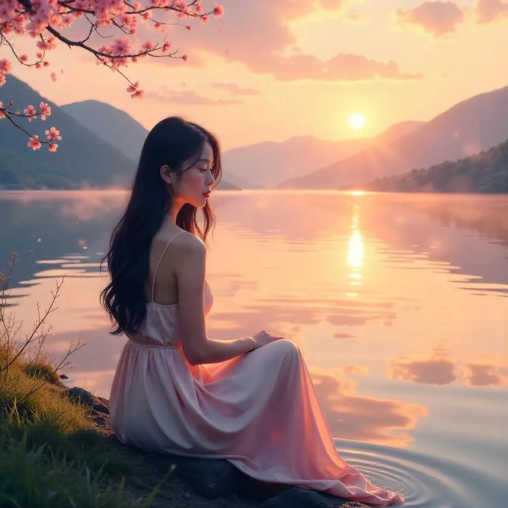 Evening Serenity by the Lake: Asian Woman