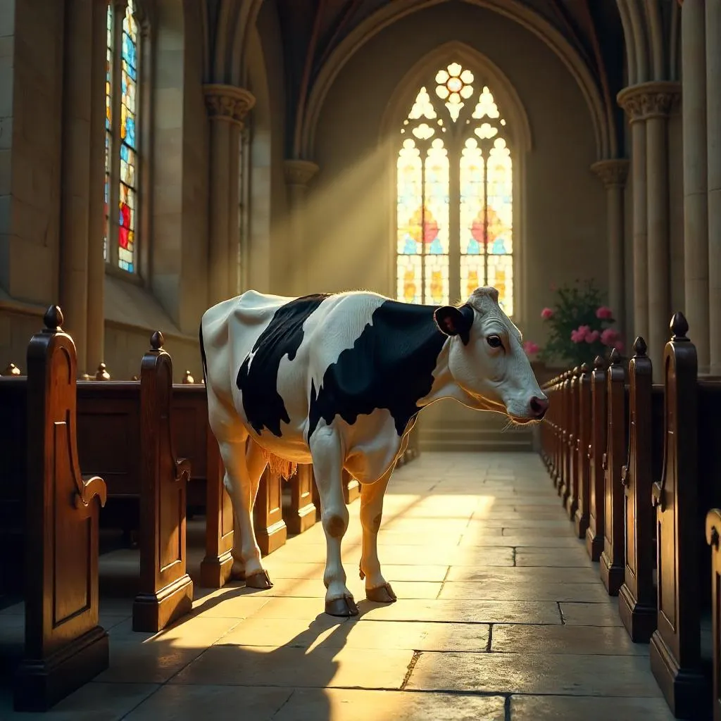 Photorealistic Cow in a Sunlit Gothic Chapel