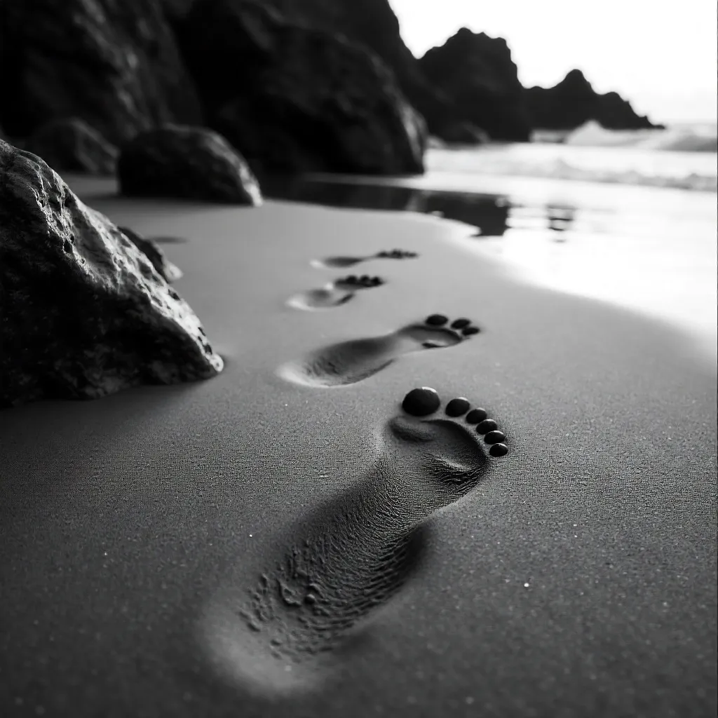 Monochrome Footprints Among Coastal Rocks