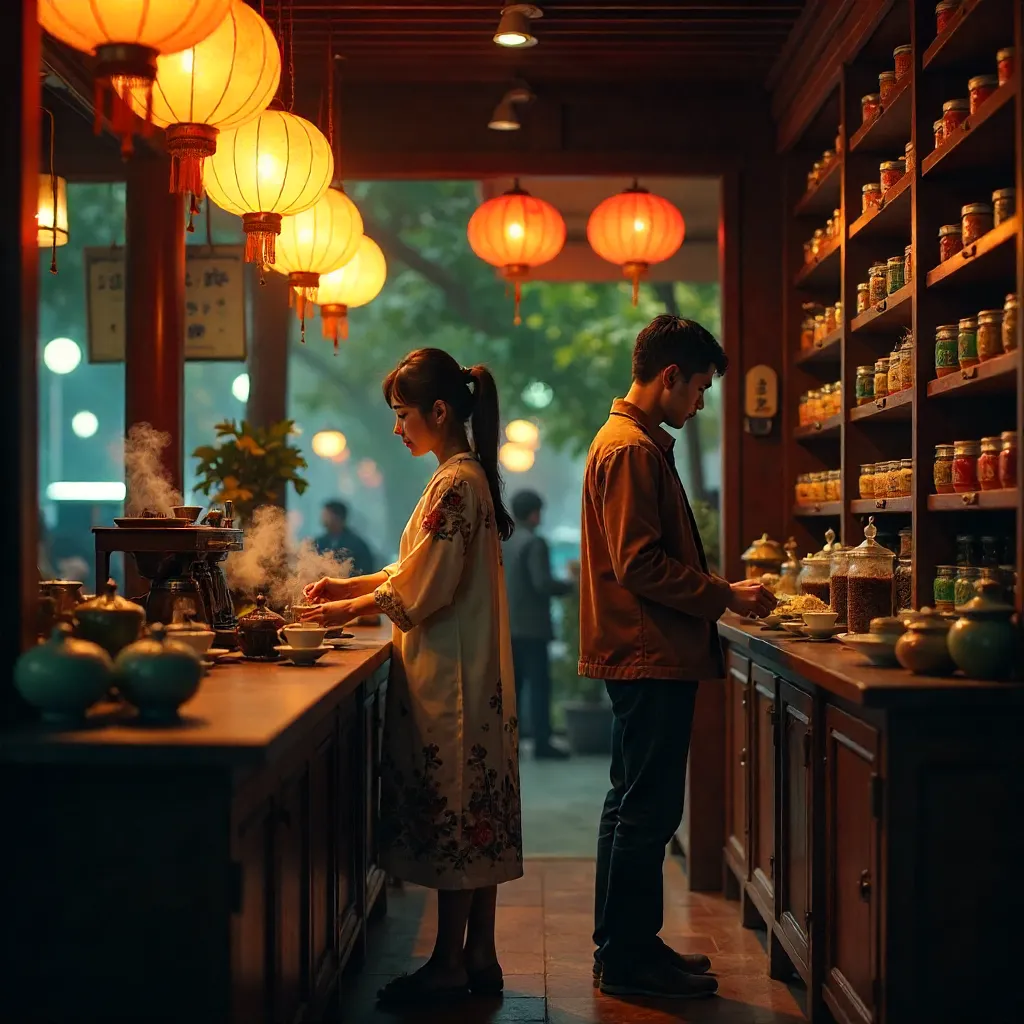Lantern Night in a Vibrant Asian Tea Shop