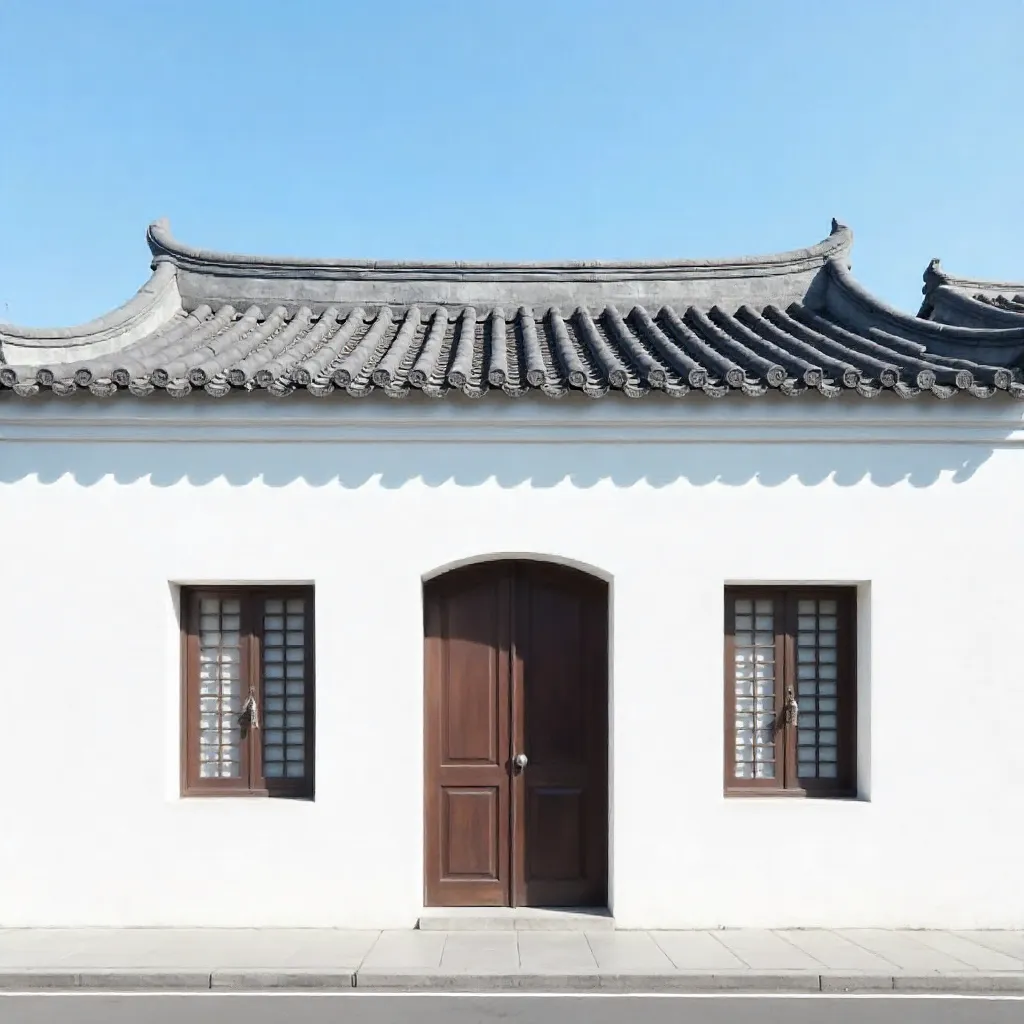 Minimalist Chinese Facade Under a Clear Blue Sky
