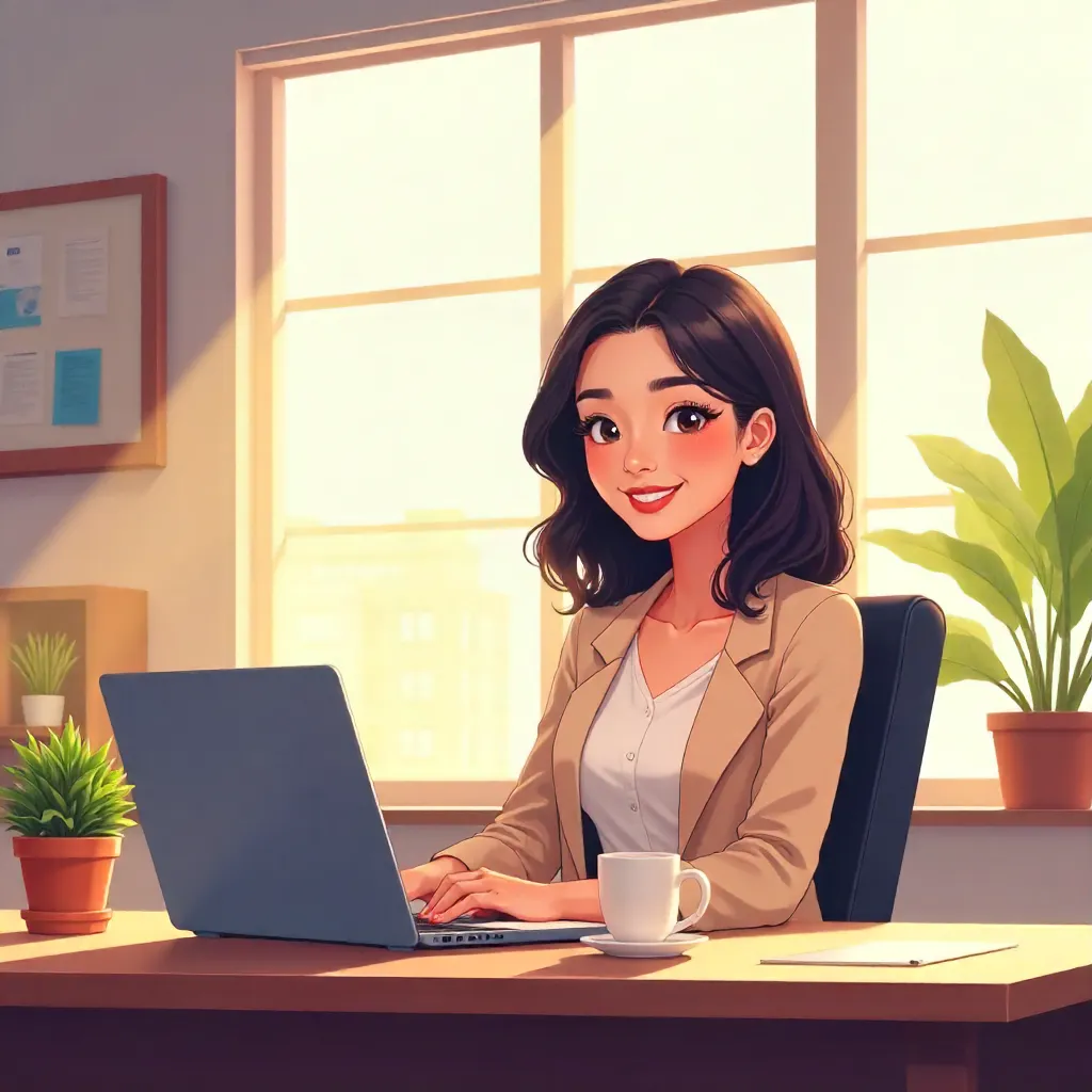 Cheerful Asian Office Woman in Anime Style