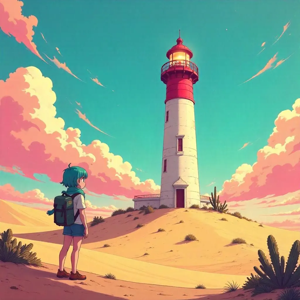 Desert Lighthouse in Anime Cel-Shaded Sunset