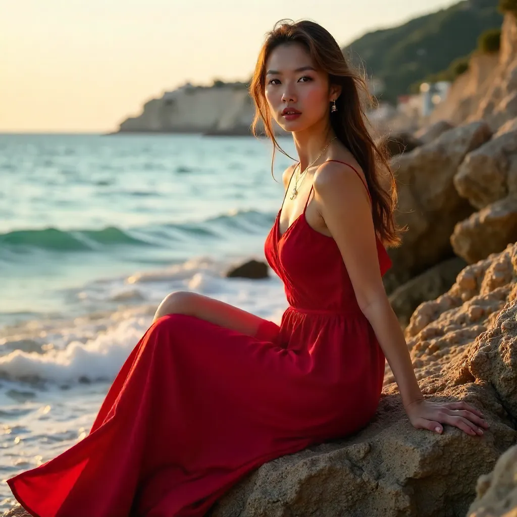 Radiant Red Dress on Antalya's Rocky Shore