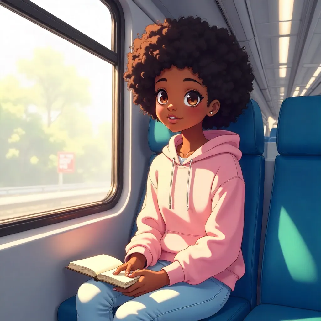 Anime-Style Black Girl on a Tranquil Train Ride