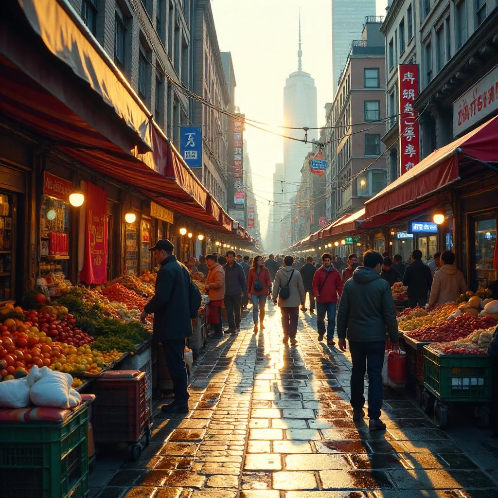 Urban Photorealistic City Market at Golden Hour